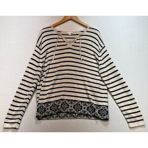 J Jill Womens Tie Neck Sweater Knit Size M Beige Blue Stripe Long Sleeve Stretch